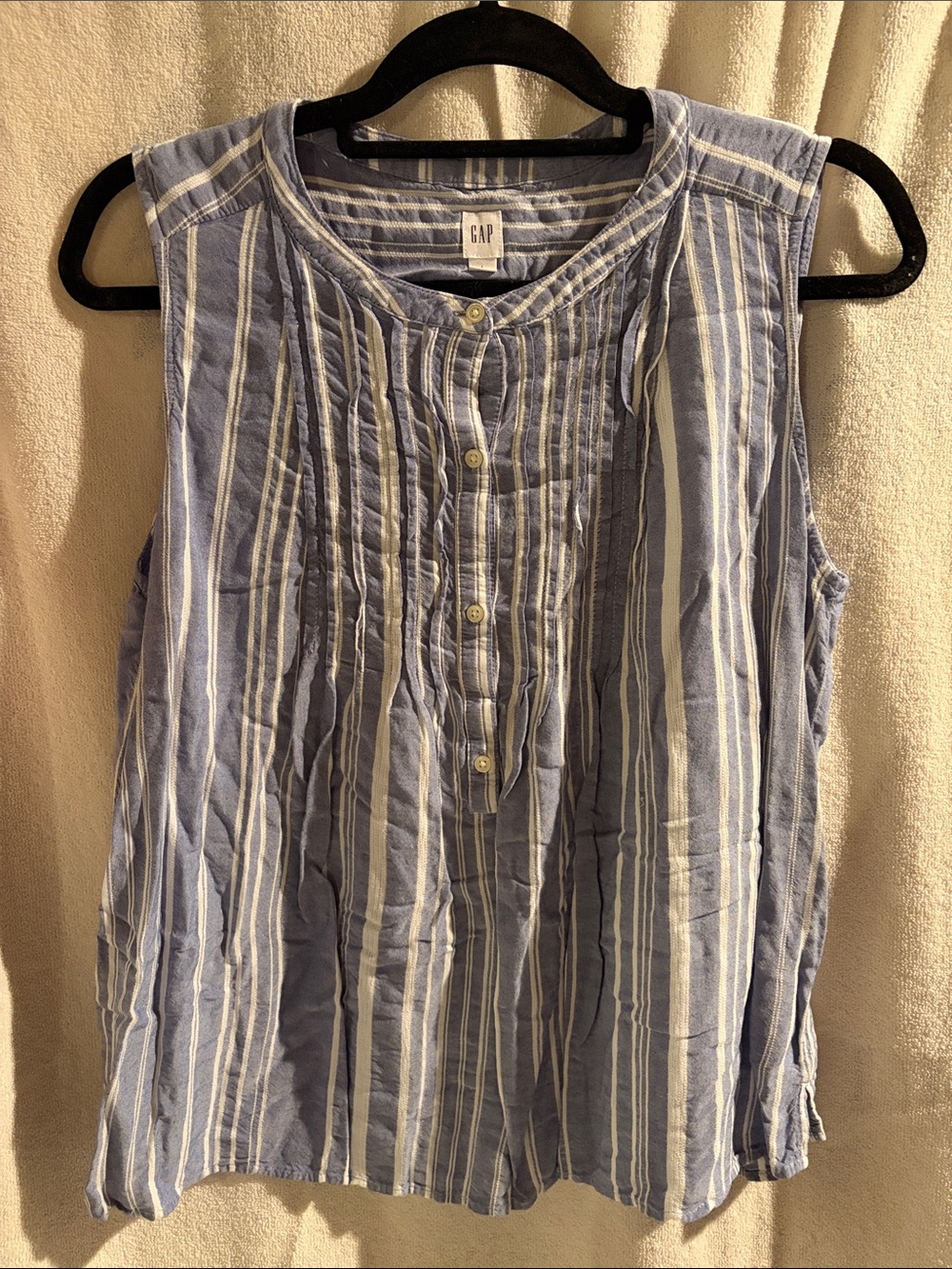GAP Blue and White Striped Sleeveless Button-Henley Top